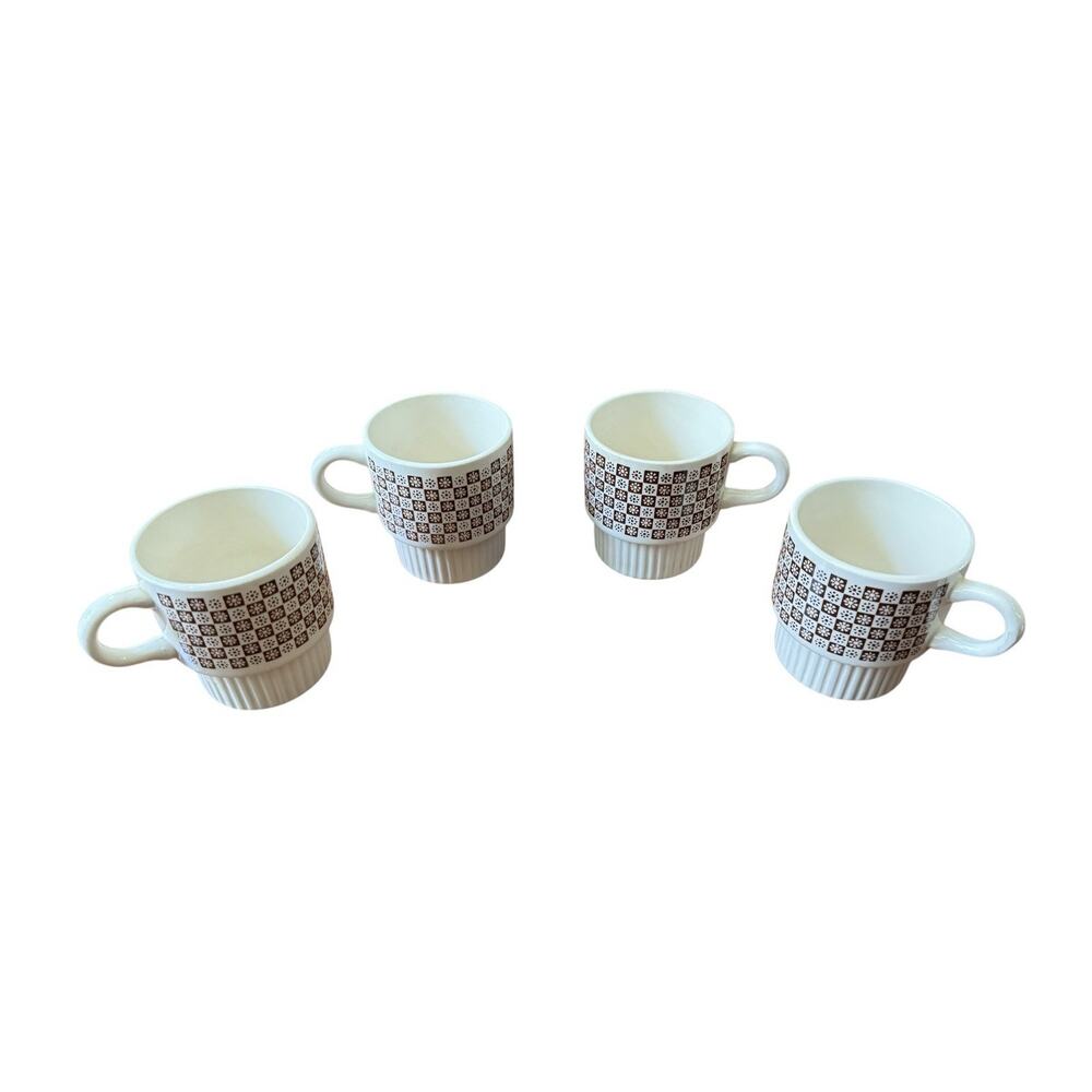 MCM Brown Checkered Daisy VTG 4 Stackable Mugs USA Made McCoy (?) READ‎ NOTE